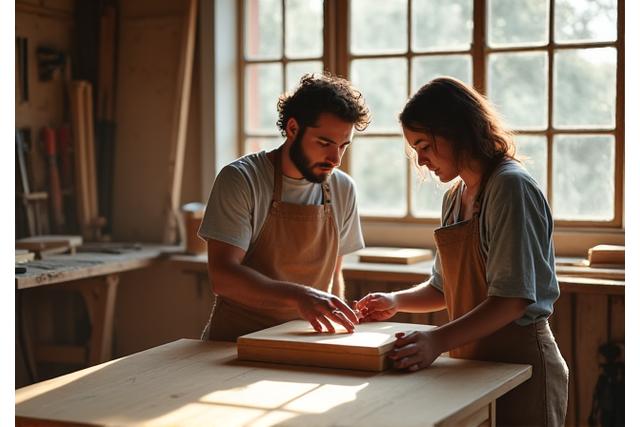 Cúpla Cruinne founders working in a bright, atmospheric furniture workshop