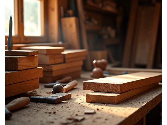 Image of a craftsman's workshop with tools and wood