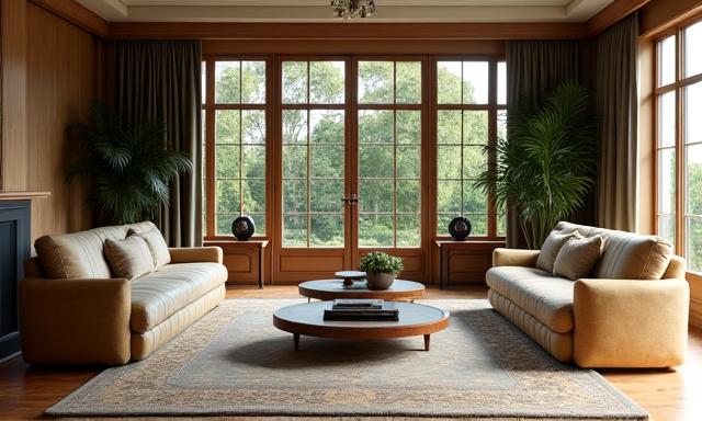Elegant custom living room interior with bespoke natural wood furniture and soft, neutral upholstery. Warm light filters in through large windows.
