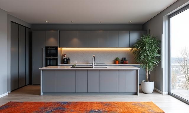 Modern Dublin apartment interior with sleek, custom-built cabinetry, minimalist decor, and a vibrant accent rug.