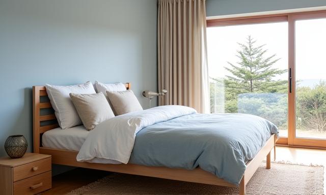 Serene coastal retreat bedroom with light blue and beige tones, custom-made bed frame, and natural light flooding in.