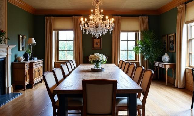 Grand dining room in a country estate featuring a large reclaimed wood dining table and antique chairs recently restored.