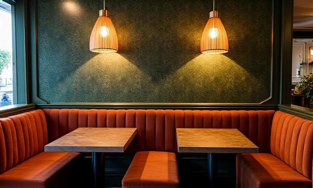 Chic cafe interior with custom banquette seating, dark wood tables, and unique lighting fixtures, exuding a warm and inviting atmosphere.