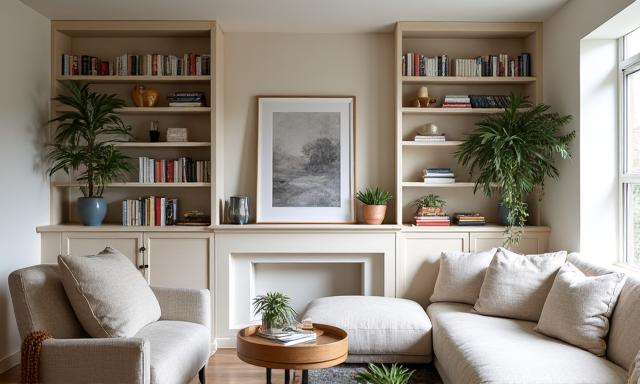 Bright and airy townhouse living room with custom-designed shelving, a cosy reading nook, and sustainable material accents.